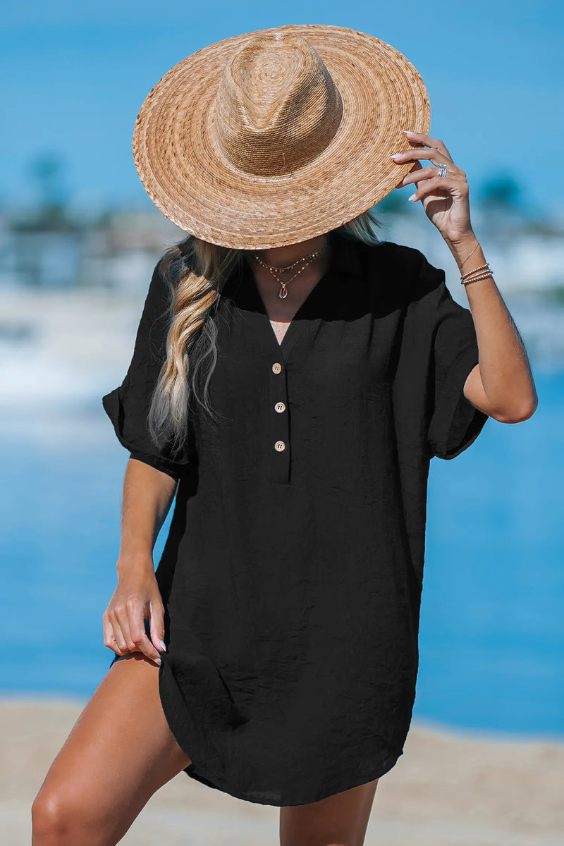 Cupshe Black Collared V-Neck Mini Cover-Up alternate view