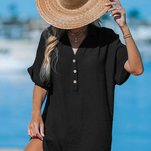 Cupshe Black Collared V-Neck Mini Cover-Up alternate view