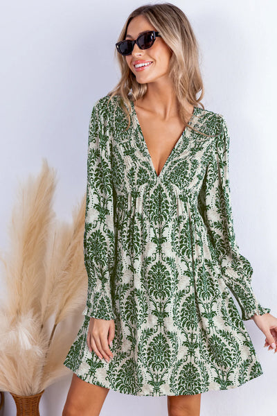 CUPSHE Green Damask V-Neck Long Sleeve Mini Dress image 1
