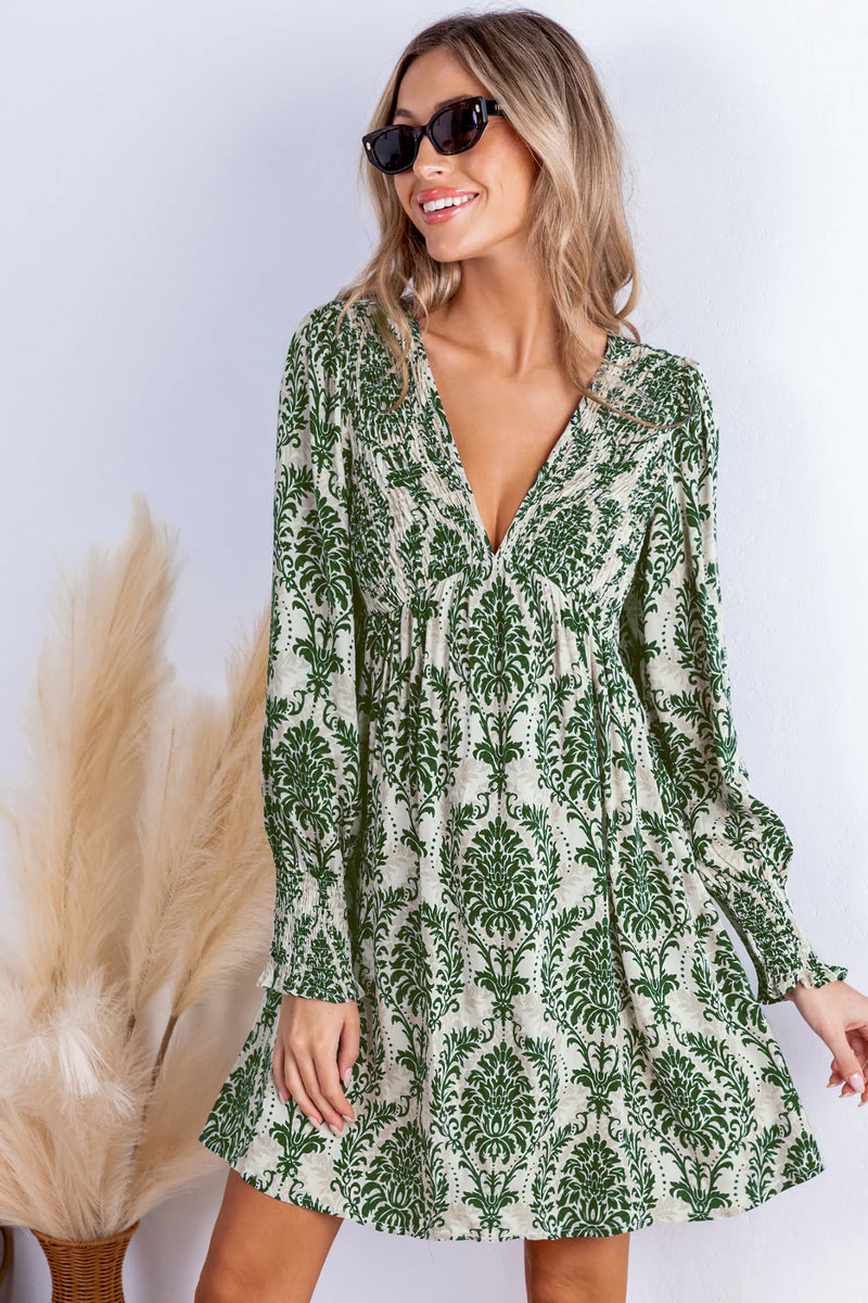 CUPSHE Green Damask V-Neck Long Sleeve Mini Dress — Modern Body Dancewear Australia