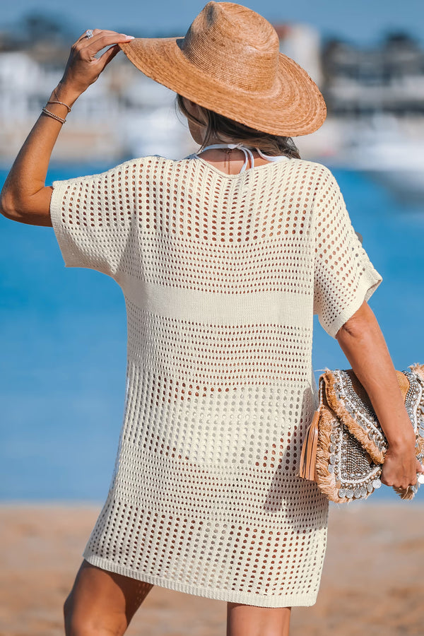 CUPSHE Beige Crochet Short Sleeve Cover-Up Mini Dress alt