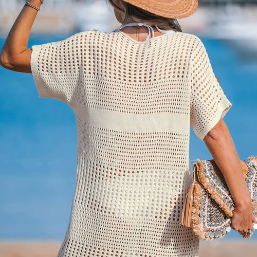 CUPSHE Beige Crochet Short Sleeve Cover-Up Mini Dress alternate view