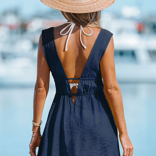 CUPSHE Navy Plunging Double Waist Tie Cover-Up Dress alternate view
