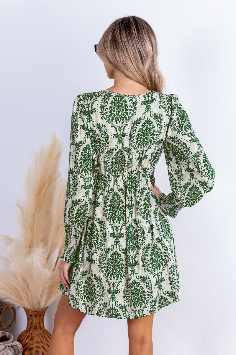 CUPSHE Green Damask V-Neck Long Sleeve Mini Dress alternate view
