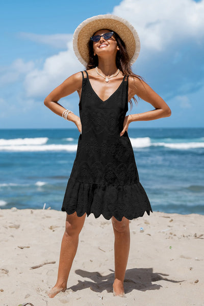 CUPSHE Black V-Neck Scalloped Hem Cover-Up Dress image 3