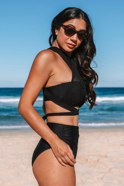 CUPSHE  Black Convertible Bikini Top and Tummy Control Bikini Set image 4