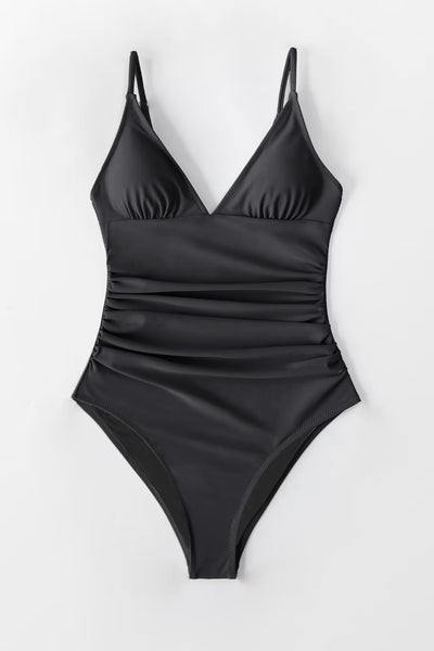 CUPSHE Black Shirring V Neck One Piece Swimsuit image 4