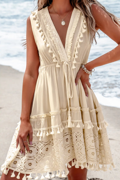 CUPSHE Plunging Tassel & Lace Sleeveless Mini Dress image 1