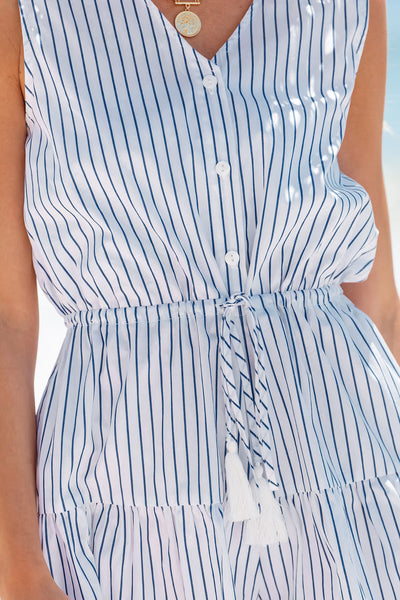 CUPSHE Blue Striped Collared Front Button Sleeveless Wide Leg Romper image 2