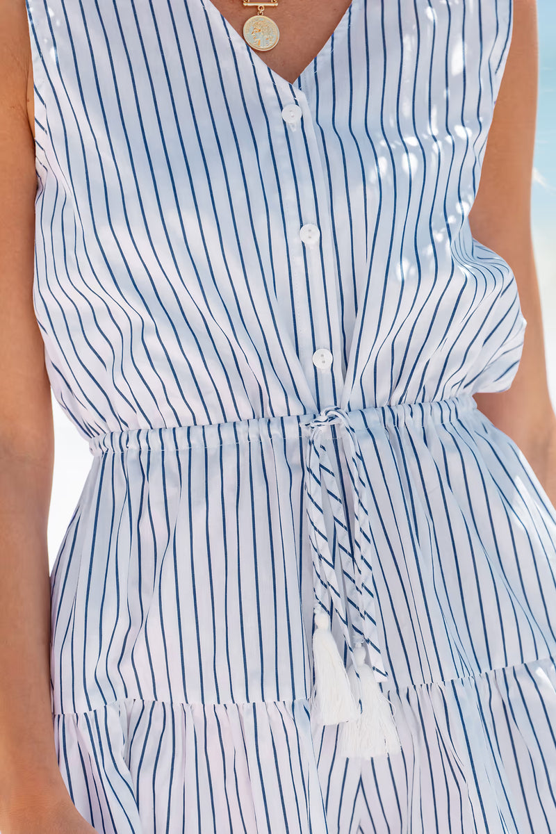 CUPSHE Blue Striped Collared Front Button Sleeveless Wide Leg Romper alternate view