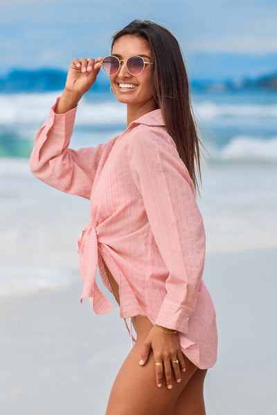 CUPSHE Pink Collared Open Front Long Sleeve Cover-Up Top image 3