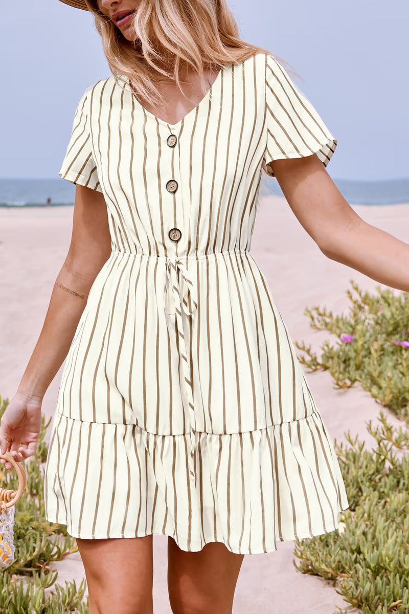 CUPSHE Neutral Striped Short Sleeve V-Neck Mini Dress — Modern Body Dancewear Australia