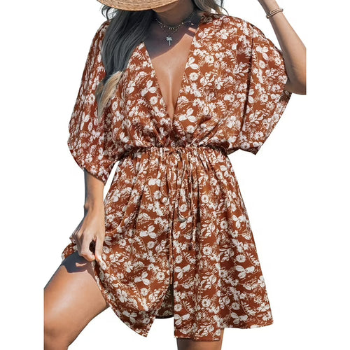 Cupshe Brown Floral Plunging Cover-Up Short Sleeve Cover-Up Dress — Modern Body Dancewear Australia