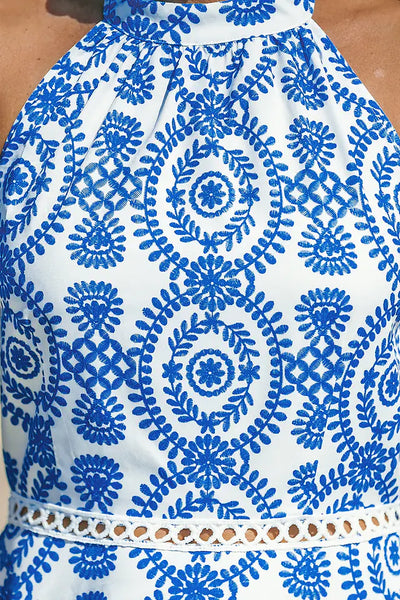 CUPSHE Blue & White Ornate Halter Sleeveless Midi Dress image 1