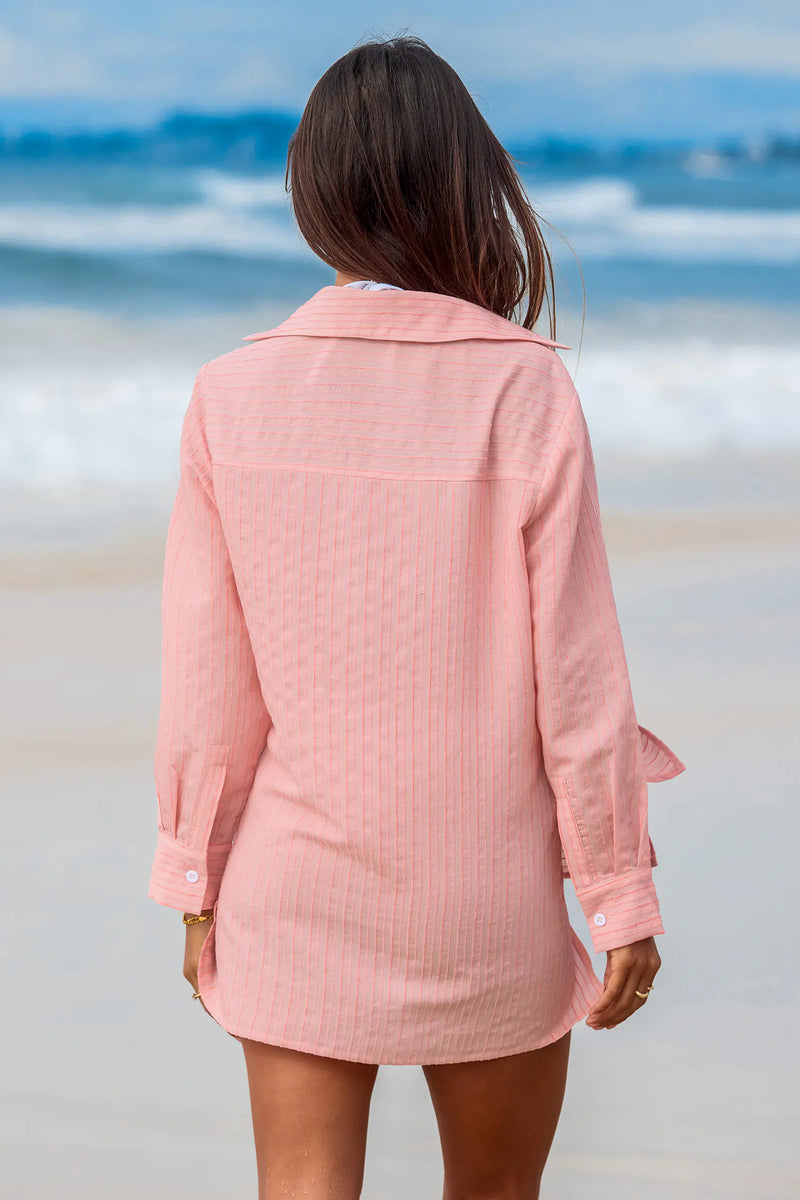 CUPSHE Pink Collared Open Front Long Sleeve Cover-Up Top alternate view