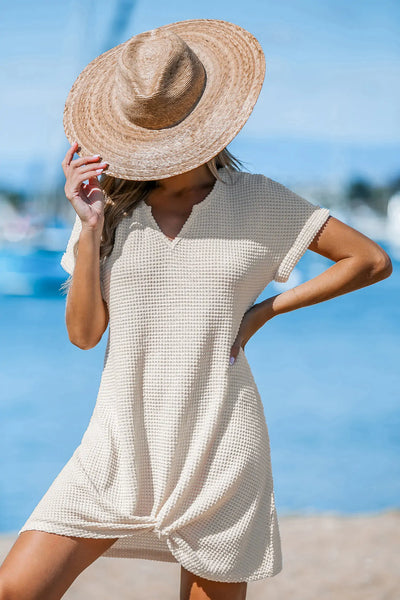 Cupshe Beige Waffle Knit Short Sleeve Hem Twist Mini Cover-Up image 1