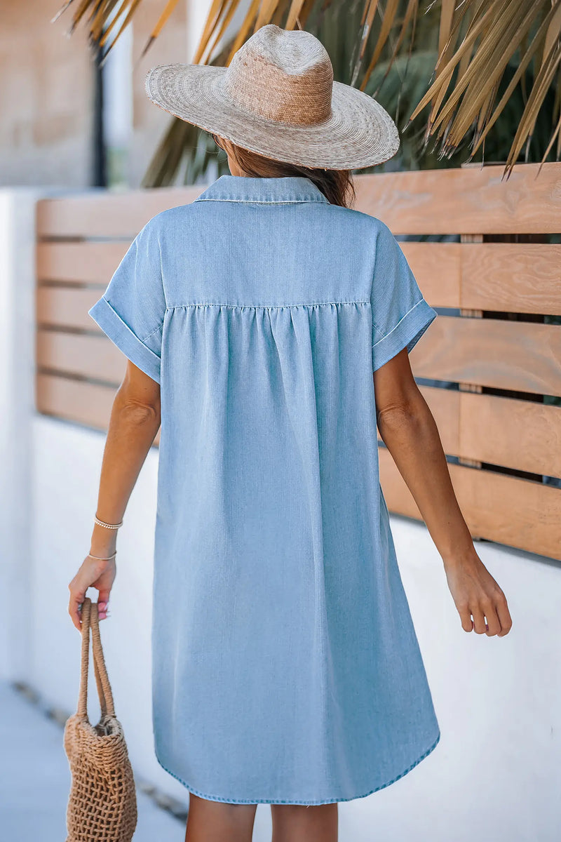 CUPSHE Denim Collared Short Sleeve Front Button Mini Shirt Dress alternate view