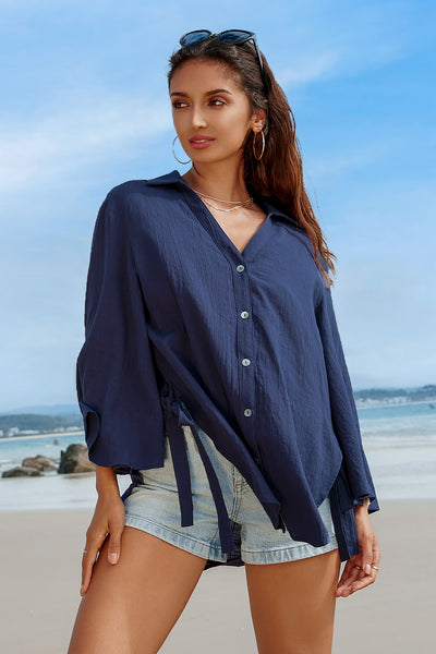 CUPSHE Navy Flared Sleeve Side Tie Blouse image 3