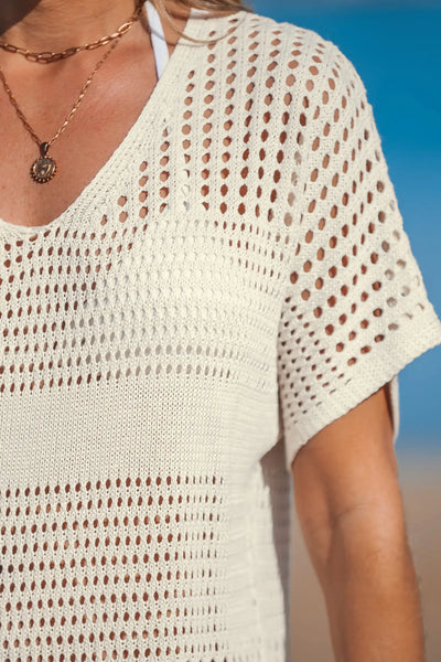CUPSHE Beige Crochet Short Sleeve Cover-Up Mini Dress image 3